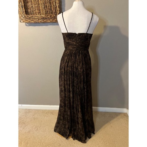 Teri Jon SIlk Maxi Dress 4 Small Black Brown Strappy Flowy Ruffle Y2K - Picture 2 of 13